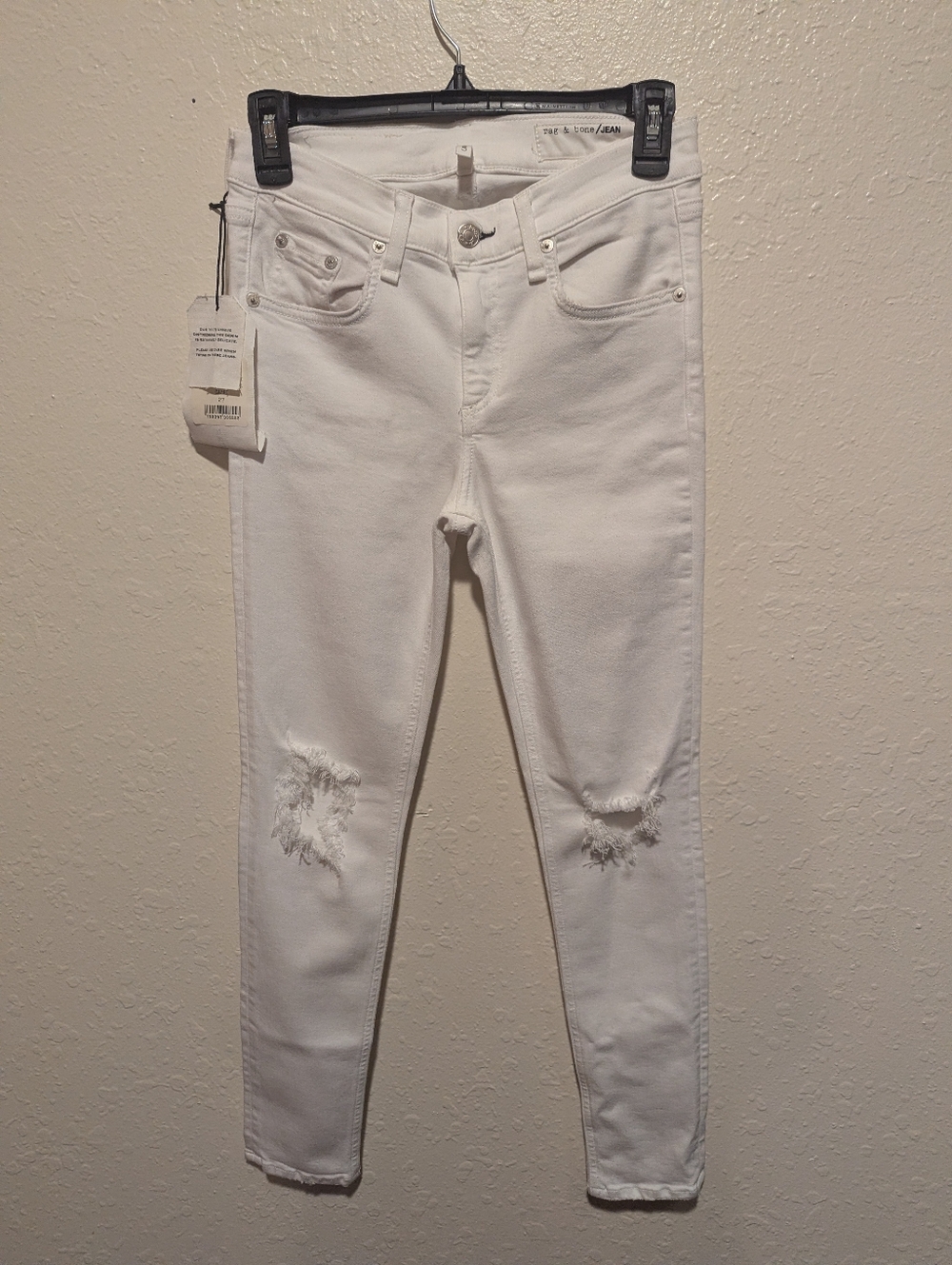 Rag & bone Bright White Capri Jeans Distressed Skinny Cropped Stretchy Sz 27 NWT